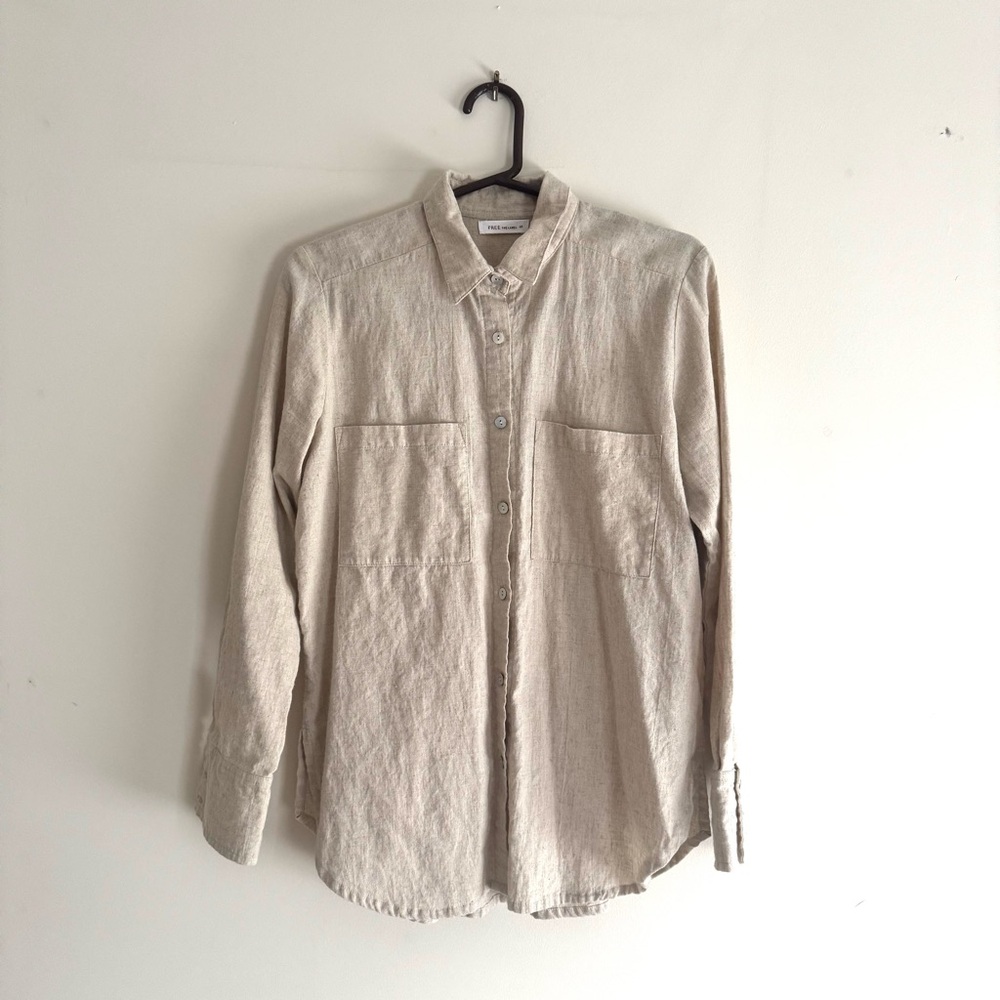 Linen Long Sleeve Button Down Shirt in Oatmeal - Women's Size Small
